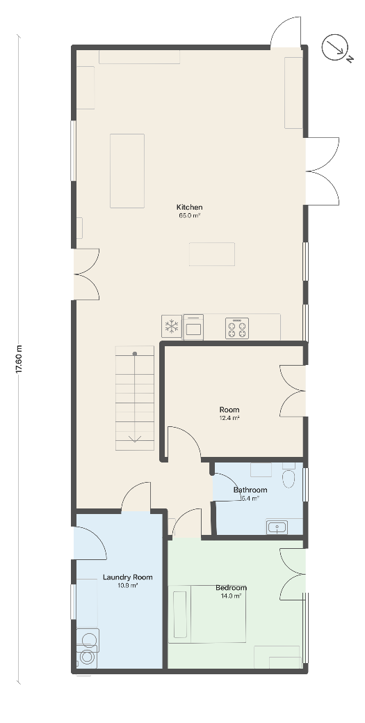 A floor plan made with Scan4Plan: kitchen, bedroom, bathroom, laundry room and a staircase, with room areas and overall dimensions